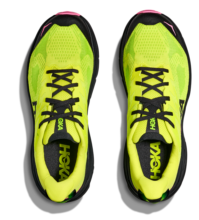 Hoka Challenger 8 Trailrunning-Schuh in Neon-Gelb mit schwarzer Sohle und pinken Details