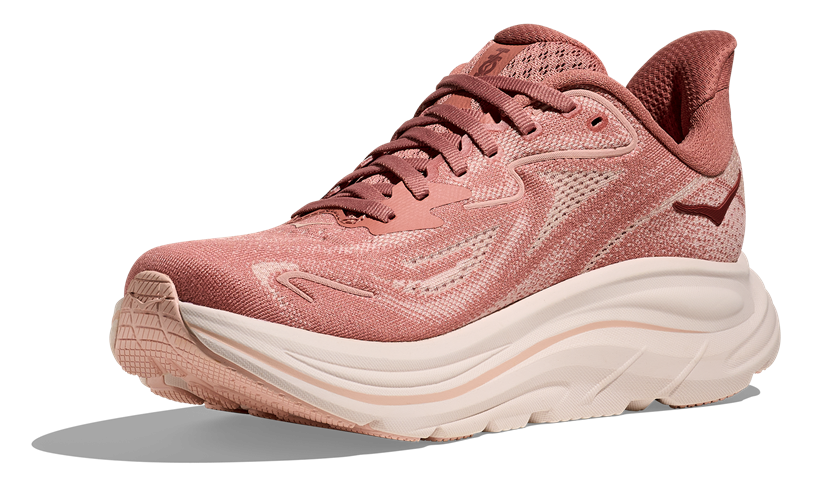 HOKA Clifton 10 Damen-Laufschuh in Altrosa mit cremefarbener Sohle und braunem Logo