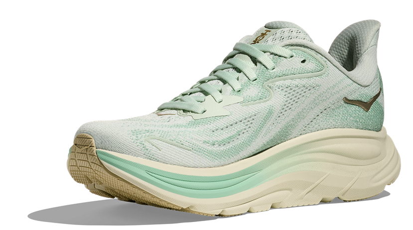 HOKA Clifton 10 Damen-Laufschuh in Mintgrün mit beiger Sohle und goldfarbenem Logo