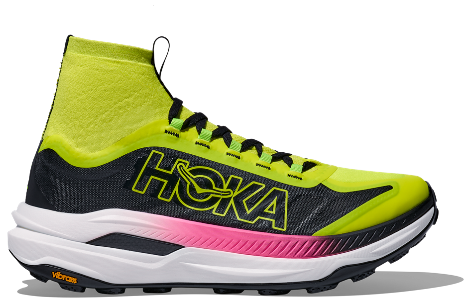 Hoka Tecton X 3 in auffälligem Design mit gelb-neongrüner Sockenkonstruktion, schwarzem Mesh-Obermaterial, großem HOKA-Logo und pink-weiß-schwarzer Zwischensohle mit Vibram-Außensohle