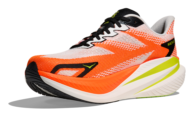 HOKA Mach X3 weiß Orange, Schwarzes Logo und Schwarze Schnürsenkel