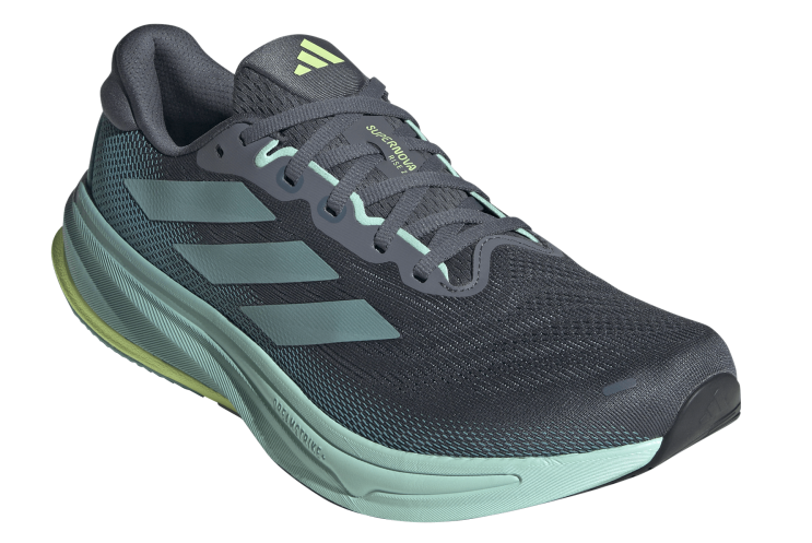 Adidas Supernova Rise 2 M in Blau mit türkisfarbener Sohle und drei Streifen in Seitenansicht.