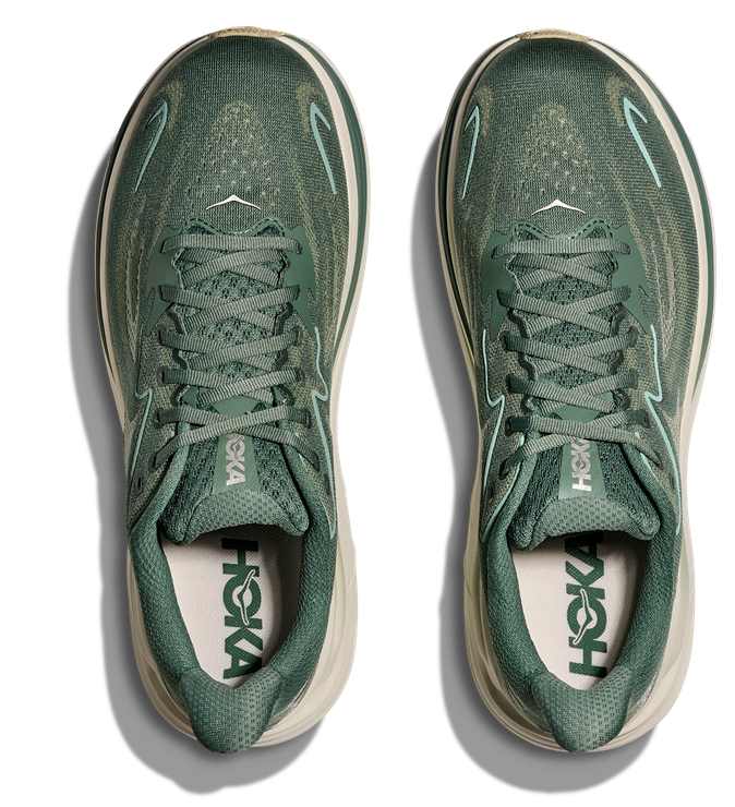 HOKA Clifton 10 Herren-Laufschuh in Grün mit heller Zwischensohle und markantem HOKA-Logo