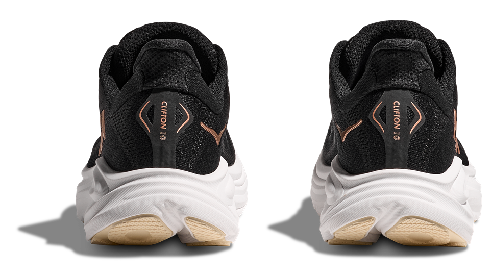HOKA Laufschuh Modell Clifton 10 Schwarz Mit Weißer Sohle und Rose- Goldenem Logo