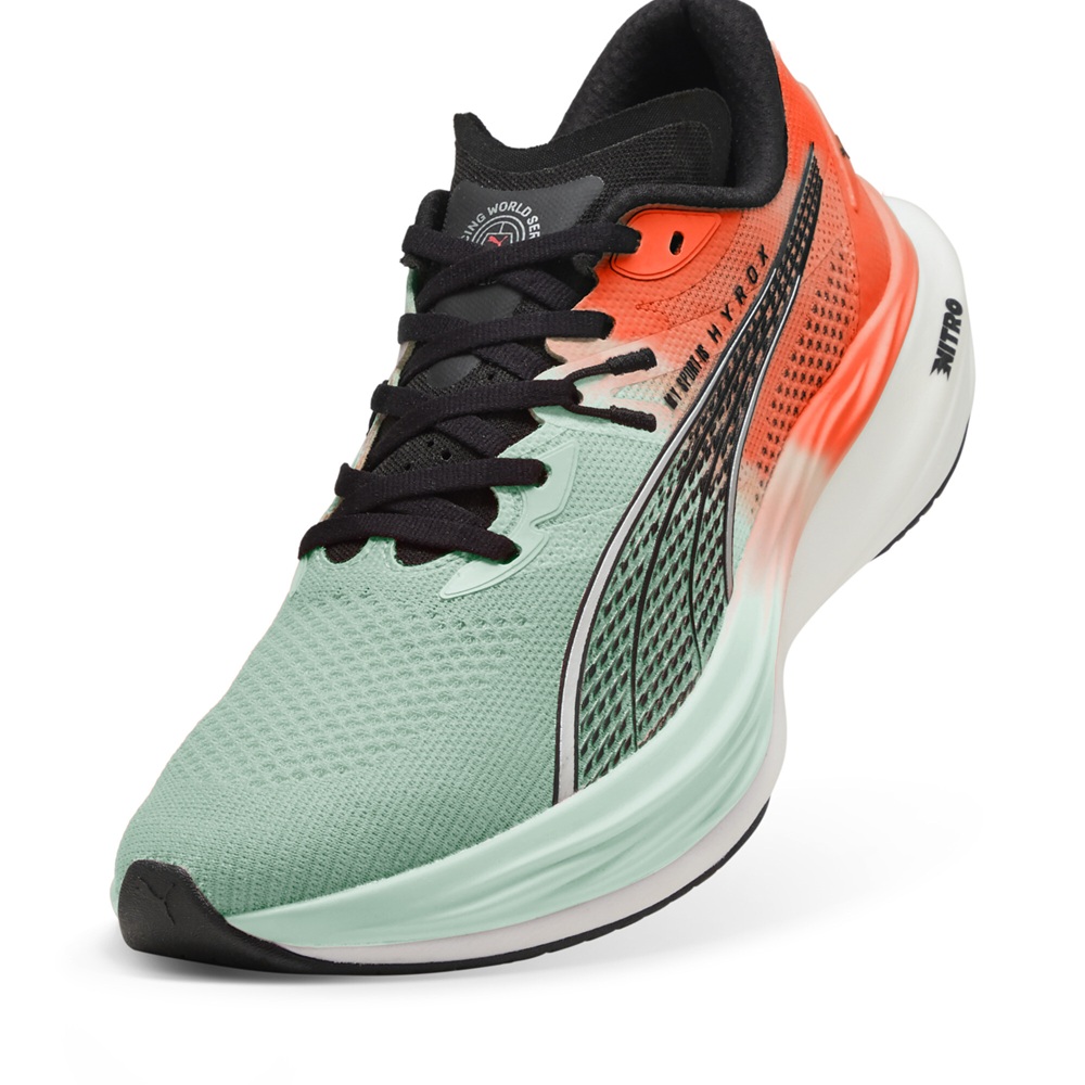 PUMA Deviate NITRO 3 HYROX Laufschuh in Mint-Grün und Orange mit schwarzem PUMA-Logo