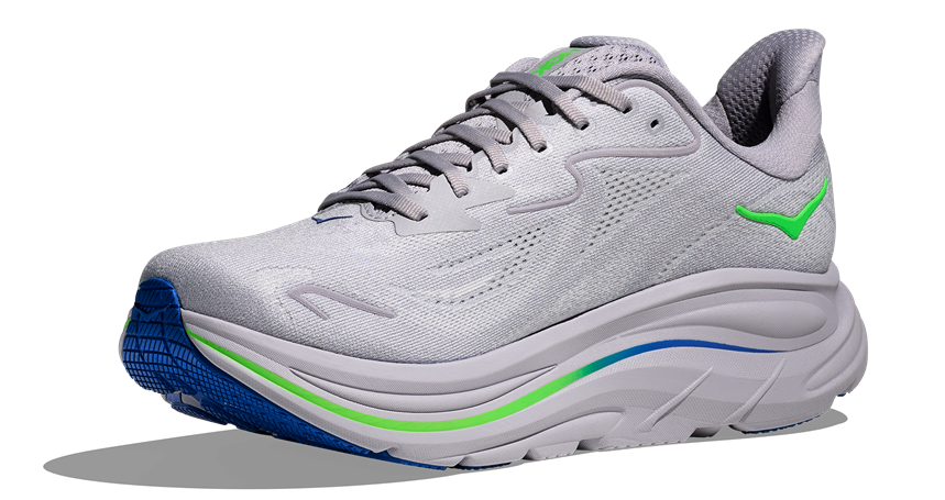HOKA Clifton 10 Grau, grünes Logo
