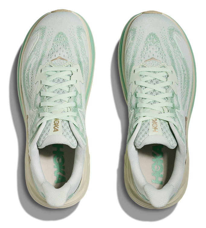 HOKA Clifton 10 Damen-Laufschuh in Mintgrün mit beiger Sohle und goldfarbenem Logo