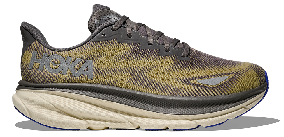 HOKA Clifton 9 GTX in Oliv-Grau mit blauem Außensohlenbereich