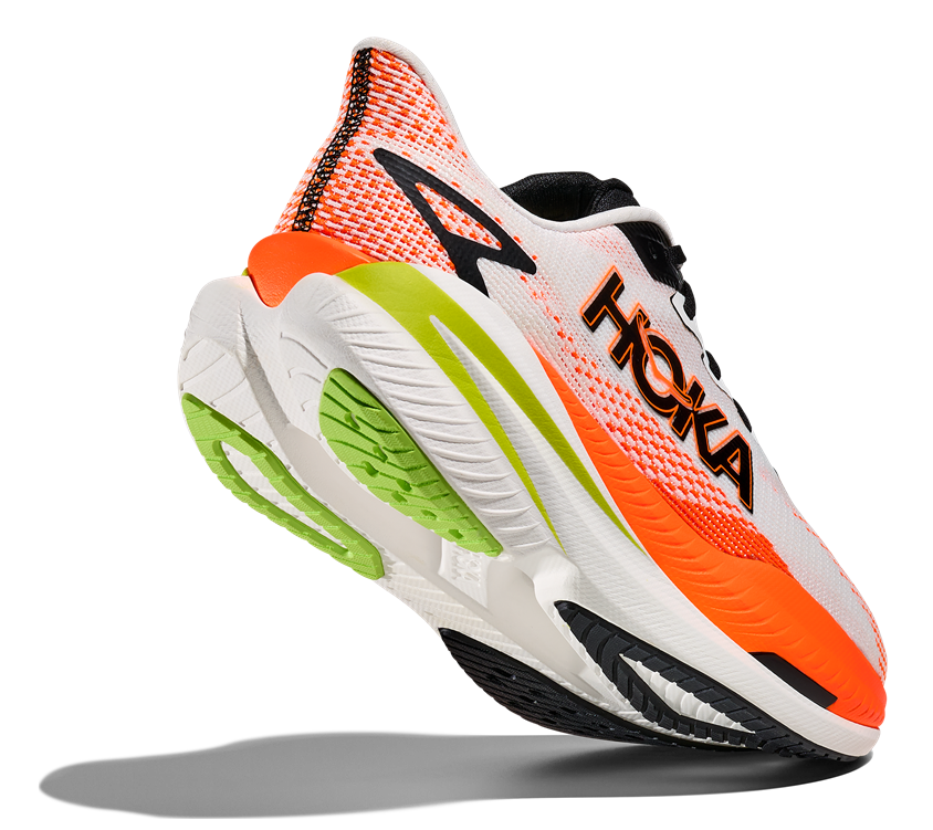 HOKA Mach X3 weiß Orange, Schwarzes Logo und Schwarze Schnürsenkel