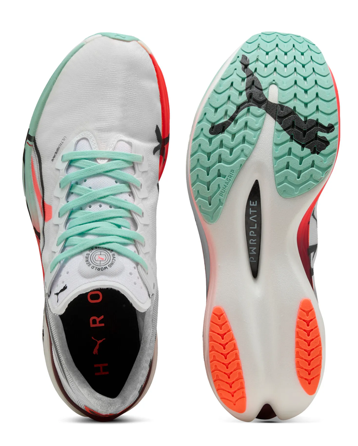 PUMA x HYROX Deviate NITRO Elite 3 Herren-Laufschuhe in Weiß mit türkisfarbenen Schnürsenkeln, Carbonplatte und rot-grünem Farbverlauf in der Sohle 