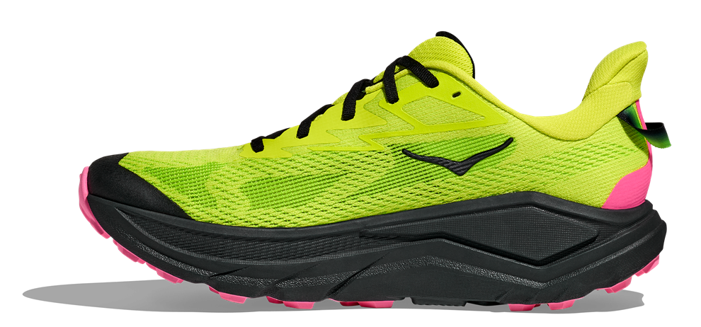 Hoka Challenger 8 Trailrunning-Schuh in Neon-Gelb mit schwarzer Sohle und pinken Details