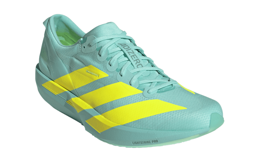 Adidas Adizero Adios 9 Männerschuh in Türkis mit gelbem Logo
