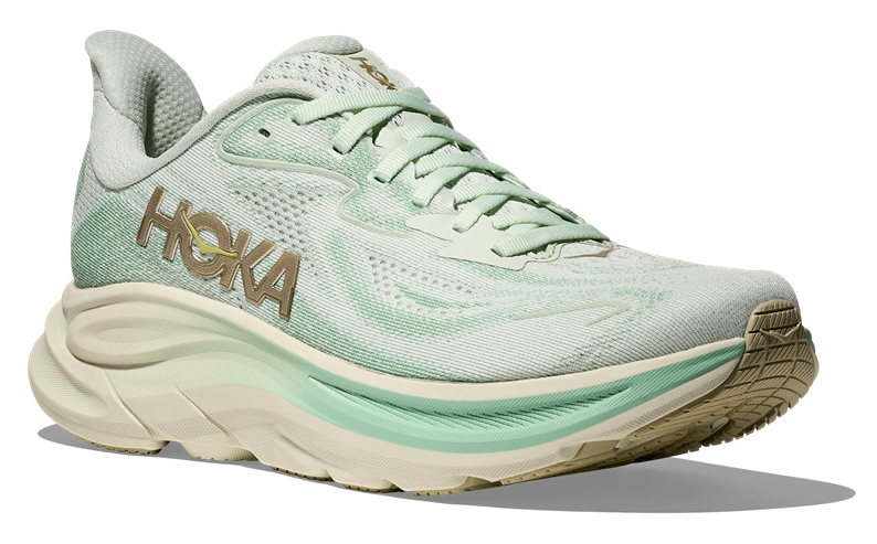 HOKA Clifton 10 Damen-Laufschuh in Mintgrün mit beiger Sohle und goldfarbenem Logo