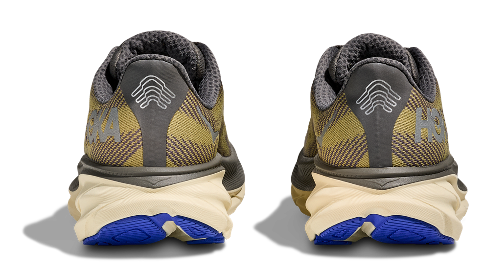 HOKA Clifton 9 GTX in Oliv-Grau mit blauem Außensohlenbereich