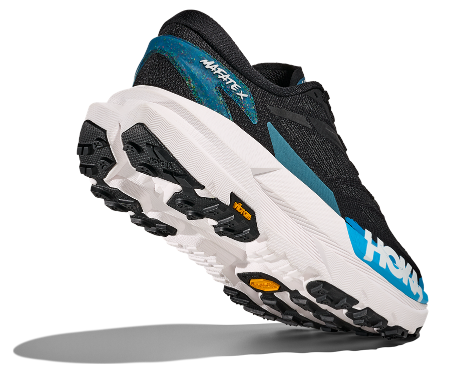 HOKA Mafate X Herren-Trailrunning-Schuh in Schwarz-Blau mit weißer Zwischensohle und blauer Zehenkappe