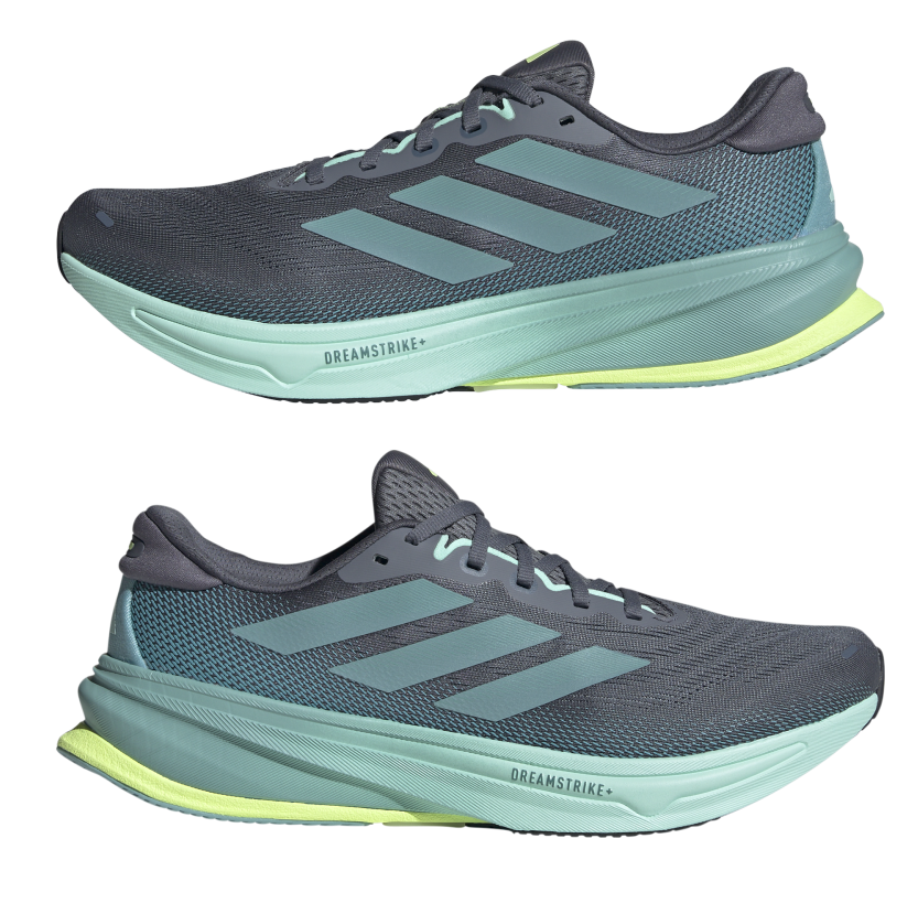 Adidas Supernova Rise 2 M in Blau mit türkisfarbener Sohle und drei Streifen in Seitenansicht.