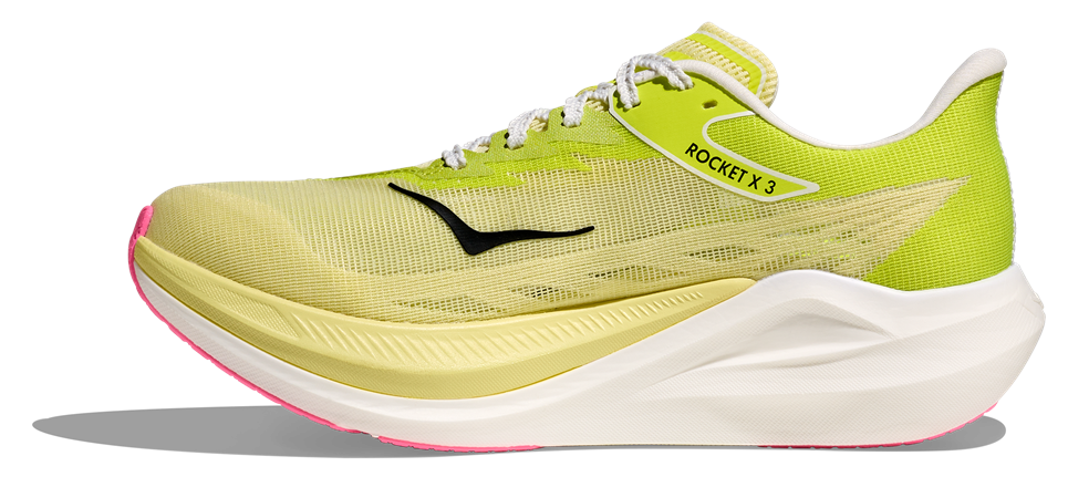HOKA Rocket X3 - Neon-gelbes Obermaterial, schwarzer Hoka schriftzug, Rosane Grip Sohle