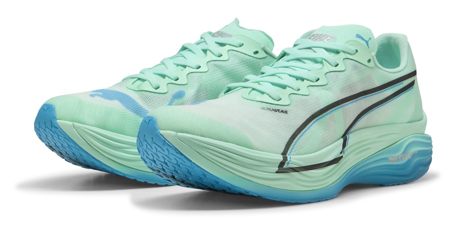 PUMA Deviate NITRO Elite 3 Laufschuh in Mintgrün mit blauer Sohle und seitlichem Logo – leichter Wettkampfschuh für maximale Performance.