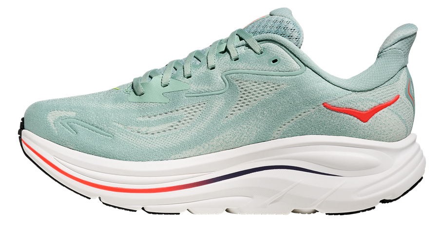 HOKA Clifton 10 Hellblau mit rotem Logo und Weißer Sohle