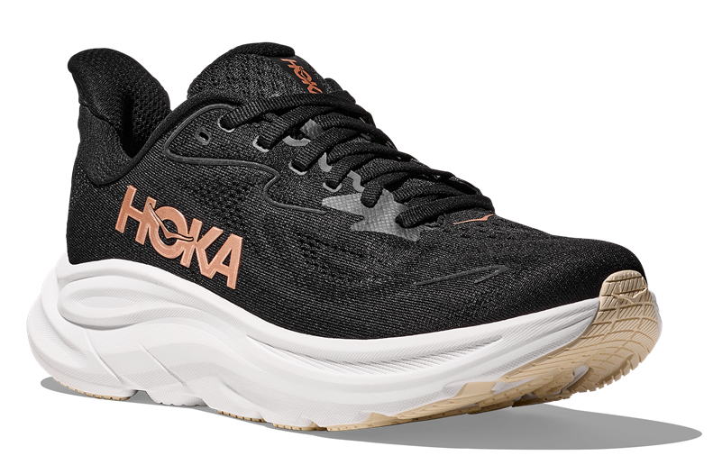 HOKA Laufschuh Modell Clifton 10 Schwarz Mit Weißer Sohle und Rose- Goldenem Logo