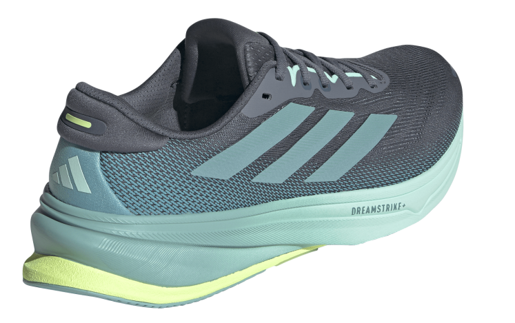Adidas Supernova Rise 2 M in Blau mit türkisfarbener Sohle und drei Streifen in Seitenansicht.