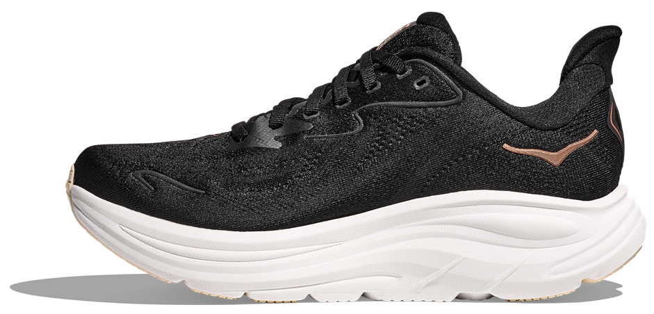 HOKA Laufschuh Modell Clifton 10 Schwarz Mit Weißer Sohle und Rose- Goldenem Logo