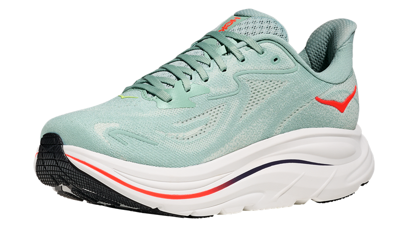 HOKA Clifton 10 Hellblau mit rotem Logo und Weißer Sohle
