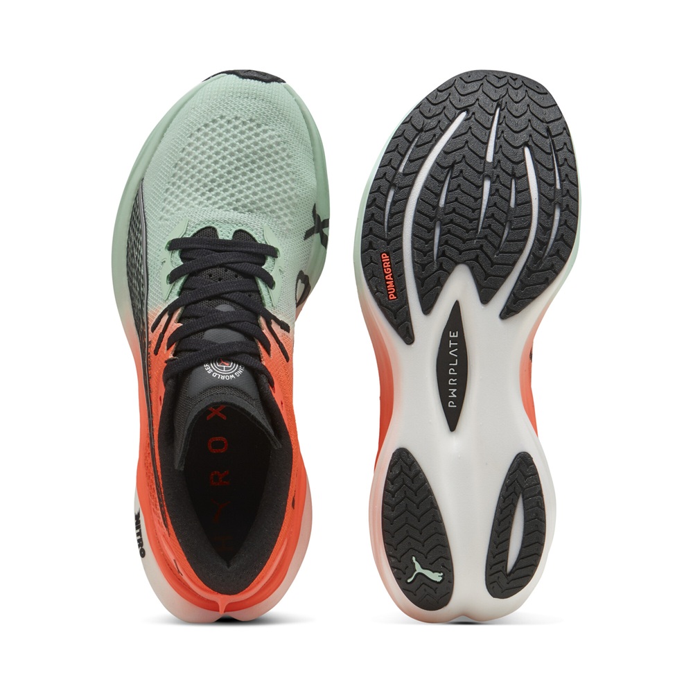 PUMA Deviate NITRO 3 HYROX Laufschuh in Mint-Grün und Orange mit schwarzem PUMA-Logo