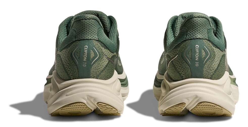 HOKA Clifton 10 Herren-Laufschuh in Grün mit heller Zwischensohle und markantem HOKA-Logo