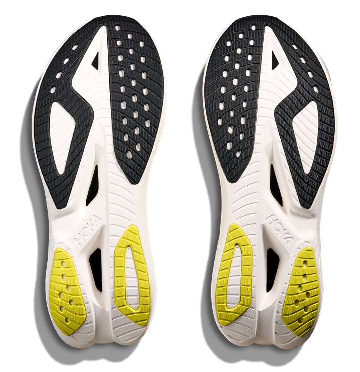 Hoka Mach X 3 Laufschuh in leuchtendem Gelb-Grün mit schwarzer Sohle und schwarzen Schnürsenkeln, seitlich mit großem HOKA-Logo