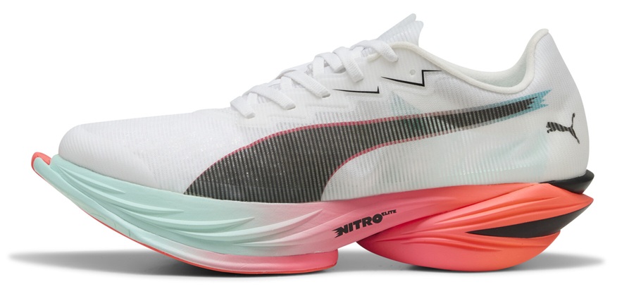 PUMA Fast-R Nitro Elite 3 Laufschuh – weiß, mit Carbon-Sohle in Türkis und Rot