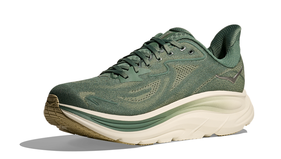 HOKA Clifton 10 Herren-Laufschuh in Grün mit heller Zwischensohle und markantem HOKA-Logo