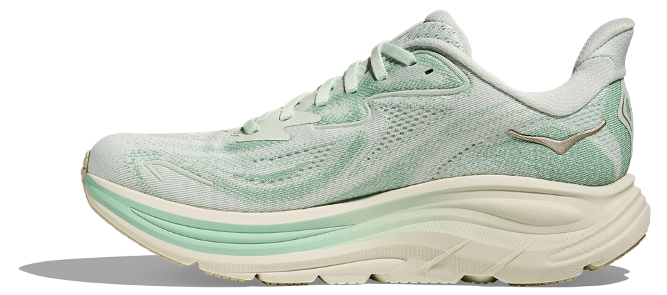 HOKA Clifton 10 Damen-Laufschuh in Mintgrün mit beiger Sohle und goldfarbenem Logo