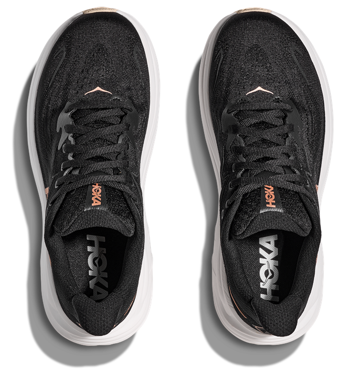 HOKA Laufschuh Modell Clifton 10 Schwarz Mit Weißer Sohle und Rose- Goldenem Logo
