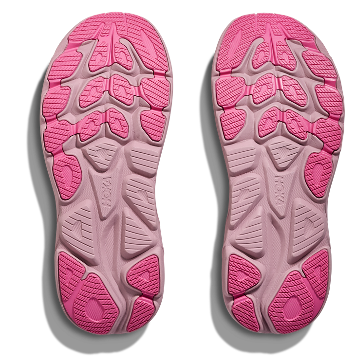 HOKA Clifton 10 Damen-Laufschuh in Beige mit pinkfarbener Sohle und rosafarbenem Logo 