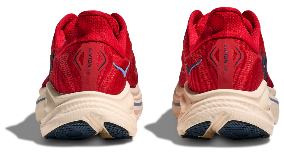 HOKA Clifton 10 in leuchtendem Rot mit heller Zwischensohle