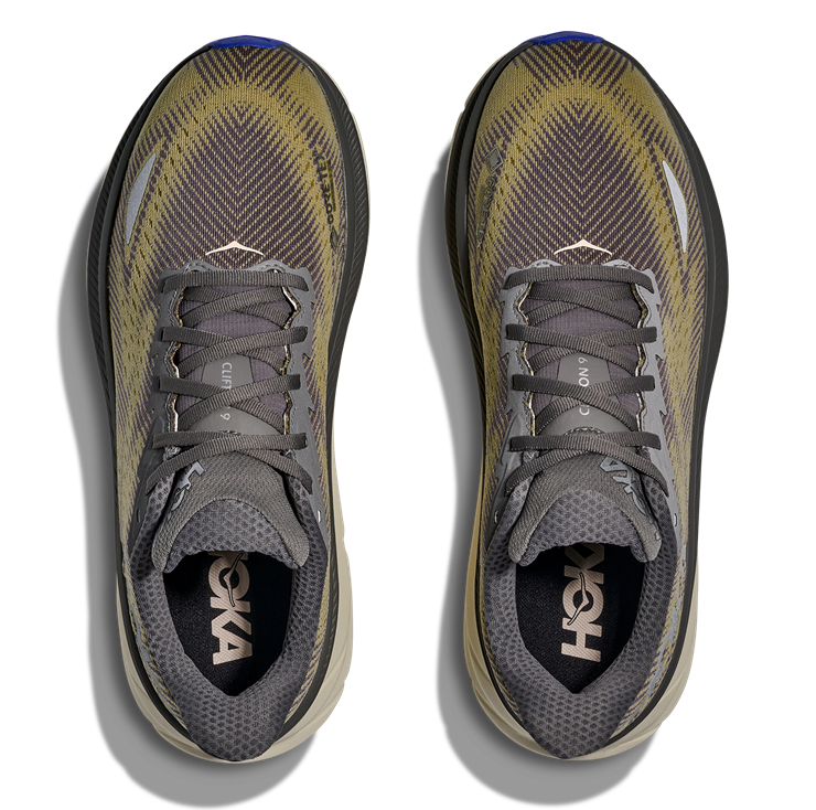 HOKA Clifton 9 GTX in Oliv-Grau mit blauem Außensohlenbereich