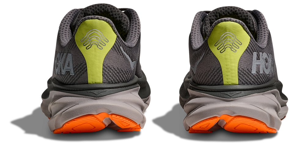 Clifton 9 in Grau mit orangener Grip-Sohle Clifton 9 in Grau mit orangener Grip-Sohle