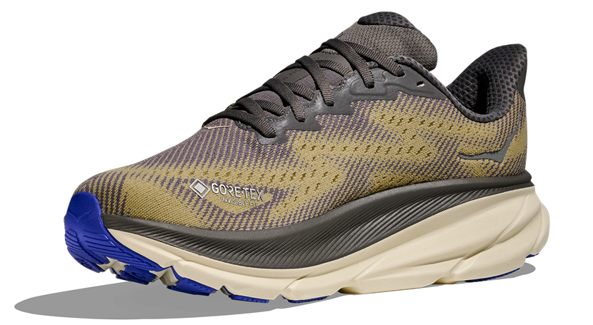 HOKA Clifton 9 GTX in Oliv-Grau mit blauem Außensohlenbereich