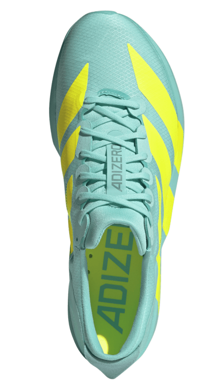 Adidas Adizero Adios 9 Männerschuh in Türkis mit gelbem Logo