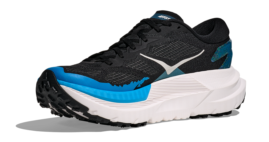 HOKA Mafate X Herren-Trailrunning-Schuh in Schwarz-Blau mit weißer Zwischensohle und blauer Zehenkappe