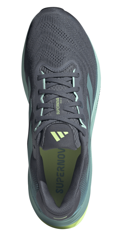 Adidas Supernova Rise 2 M in Blau mit türkisfarbener Sohle und drei Streifen in Seitenansicht.
