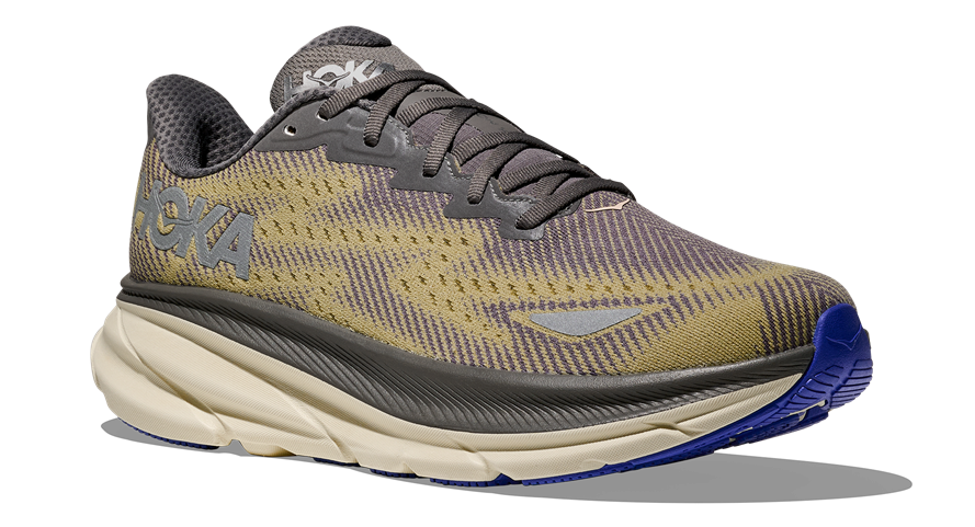 HOKA Clifton 9 GTX in Oliv-Grau mit blauem Außensohlenbereich