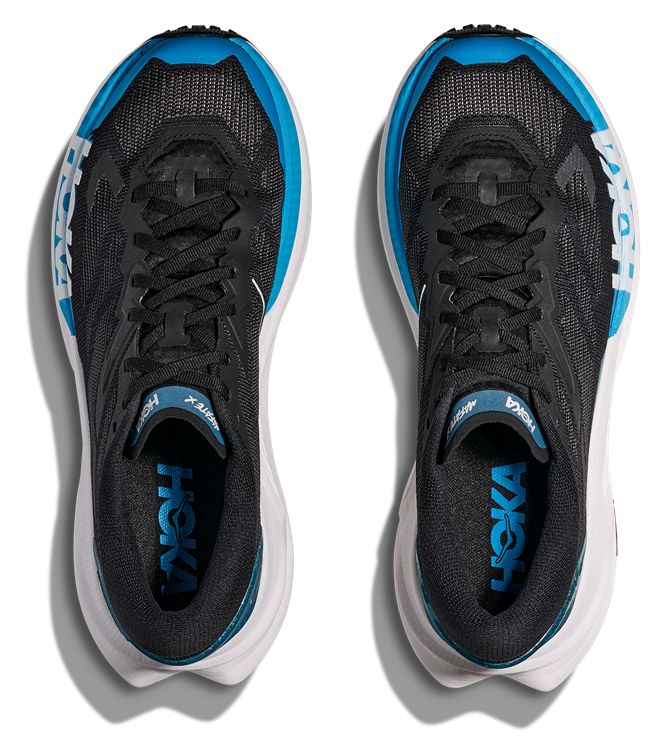 HOKA Mafate X Herren-Trailrunning-Schuh in Schwarz-Blau mit weißer Zwischensohle und blauer Zehenkappe