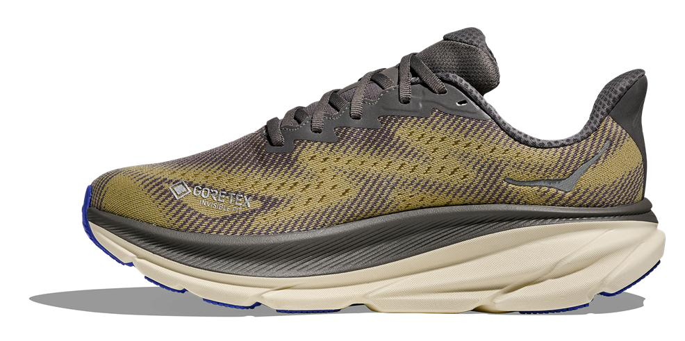 HOKA Clifton 9 GTX in Oliv-Grau mit blauem Außensohlenbereich